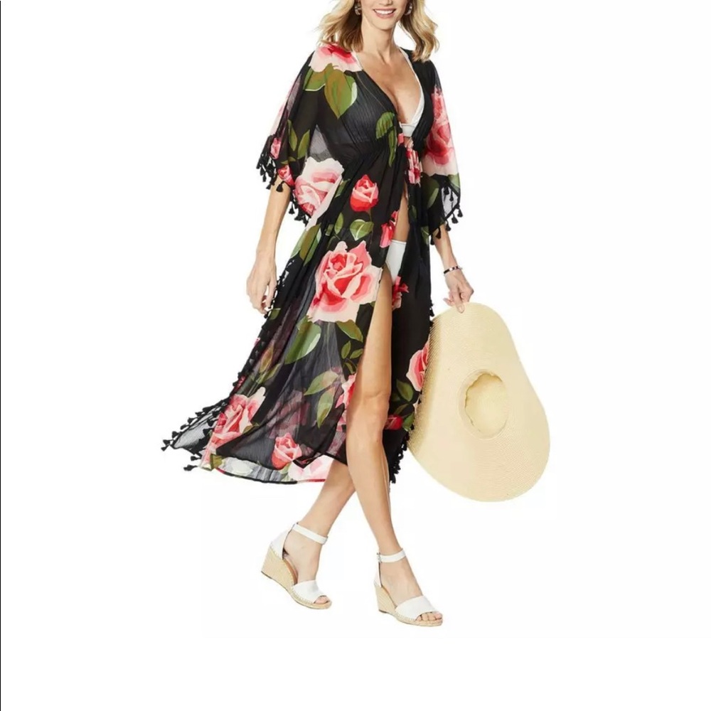 New Colleen Lopez Black Floral Tassel Duster Large